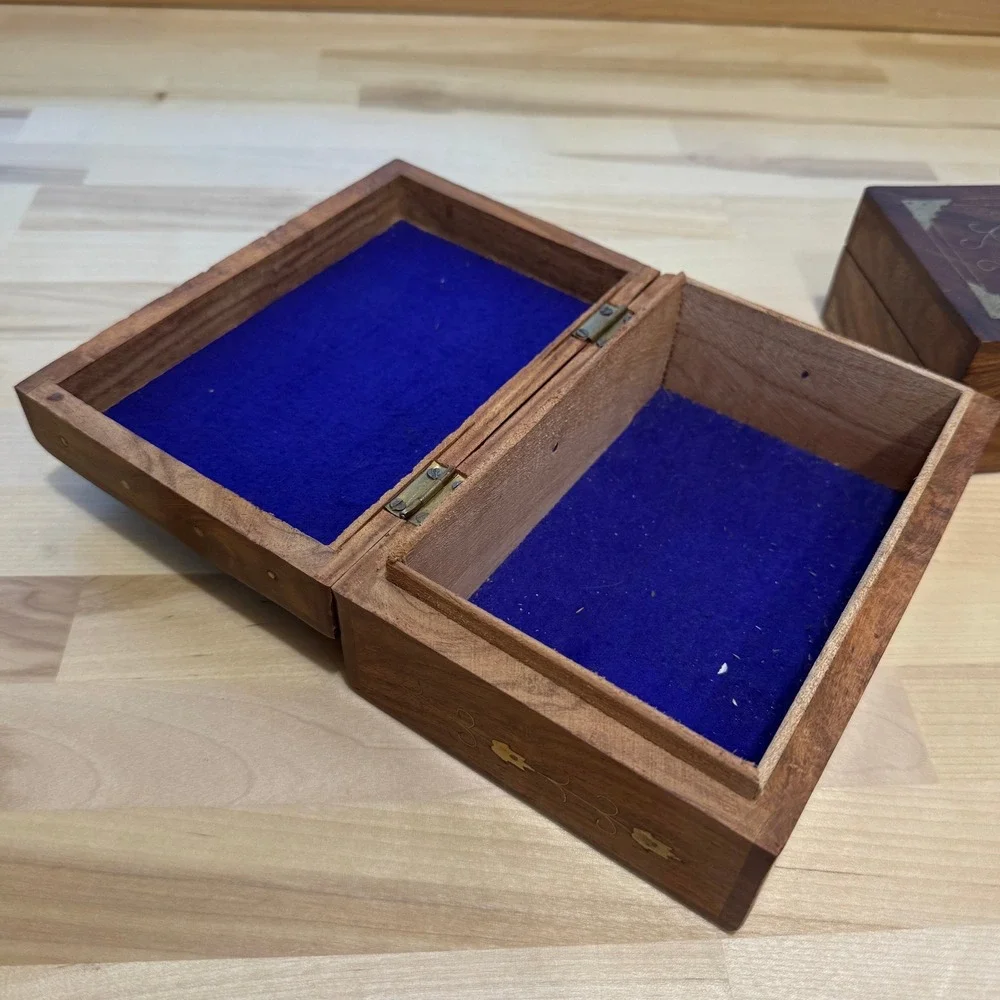 Vintage Wooden Brass Inlaid Boho Hinged Velvet Lined Trinket Boxes Lot of 2